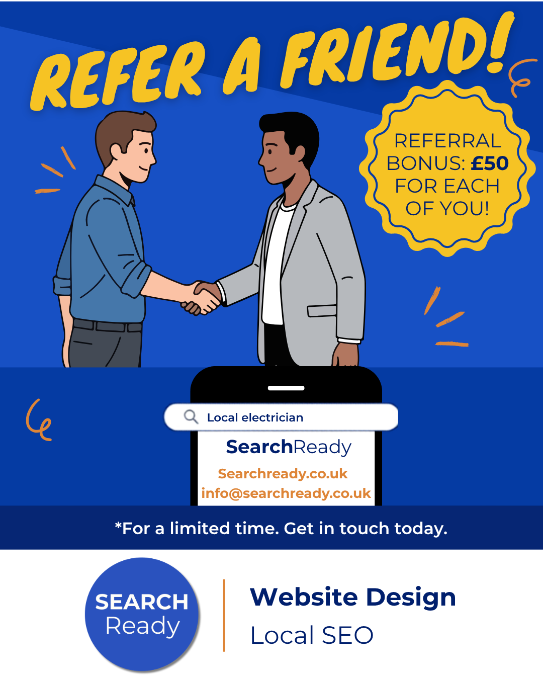 SearchReady referral program poster offering £50 bonus for website design and local SEO referrals